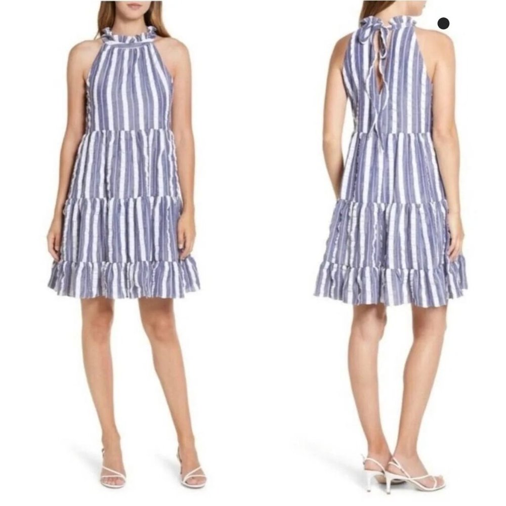 Eliza J Dresses Eliza J Ruffle Tiered Seersucker Sundress In Blue, size 14